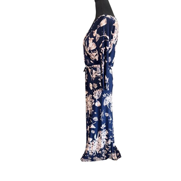 TriaTria Plus Size 1X Floral Navy Pink Maxi Wrap Dress 3/4 Sleeves Tie Waist - Picture 4 of 11
